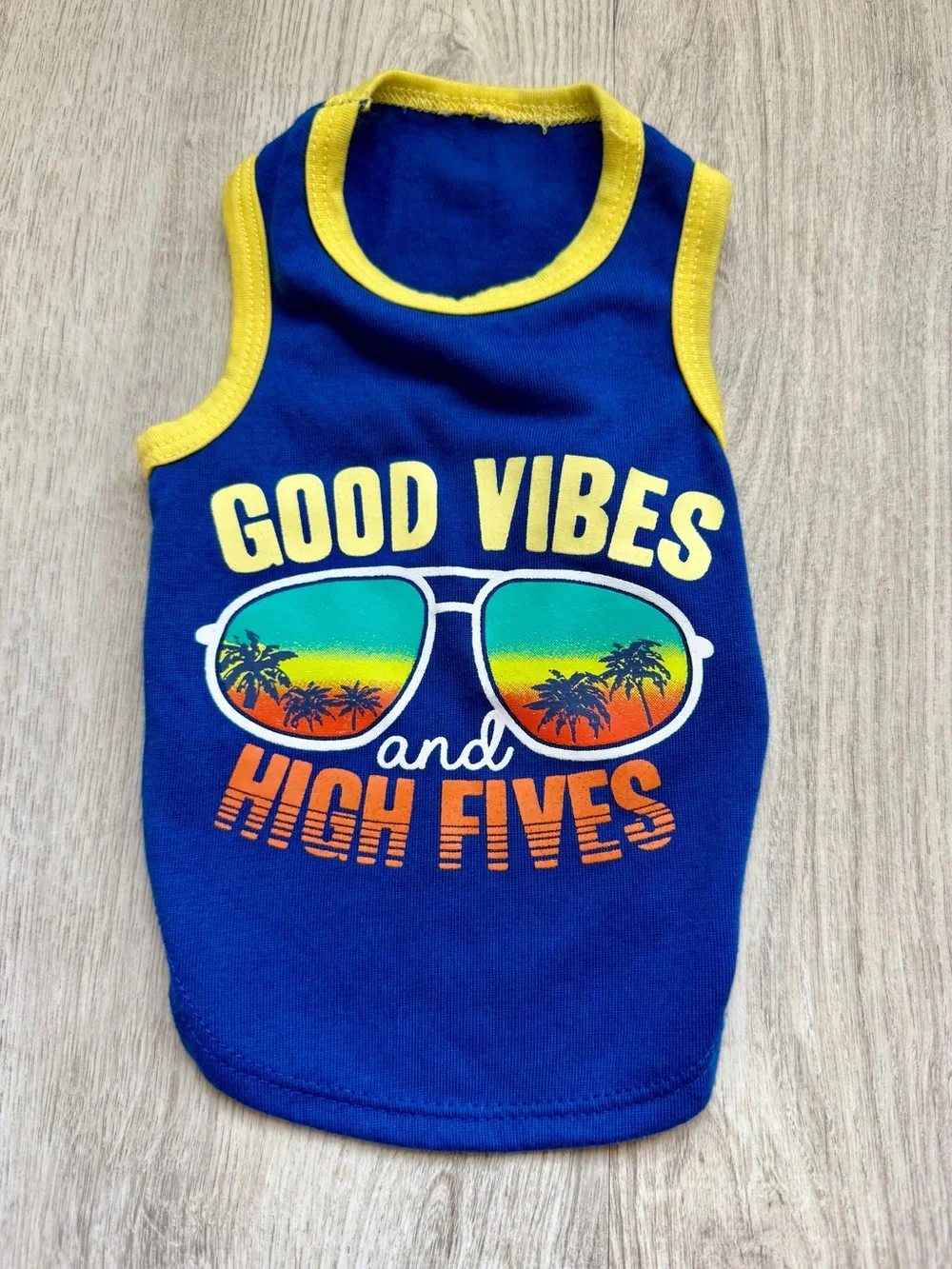 Good Vibes and High Fives - Pet/Puppy Dog Blue Tank Top w/ Palm Trees - size XS